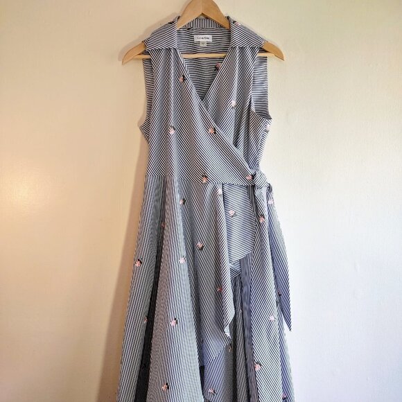 Calvin Klein Embroided Floral & Stripe Wrap Dress Hi-Low Hem Cottagecore Size 8 - Picture 4 of 8
